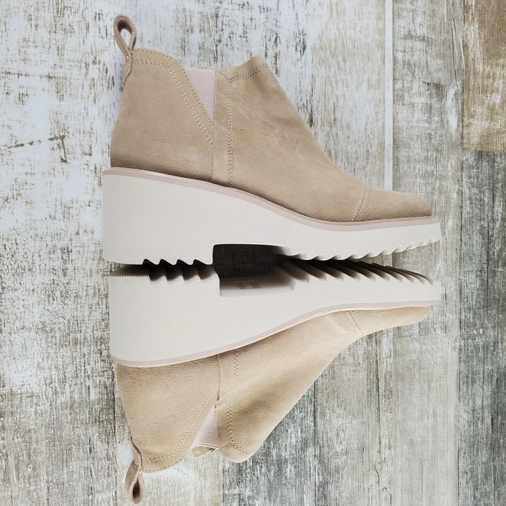 Toms Maude Womens Ankle Boot Sz 8 Oatmeal Suede Wedge Lace-Up Side Zip Round Toe